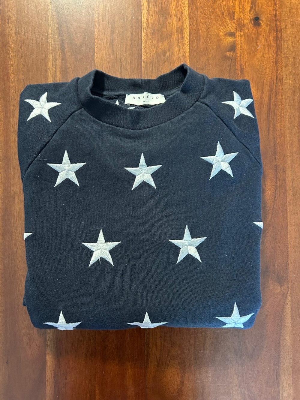 Sandro Paris Star Embroidered Sweatshirt Dark Navy Blue Crewneck Sweater Size S